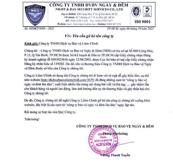 Bảo vệ Ngày Đêm đã gửi công văn đề nghị Công ty Bảo vệ Liêm Chính gỡ cụm từ