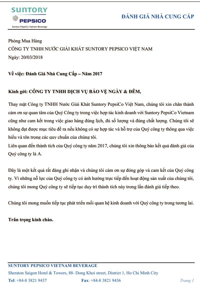 Thư thông báo đánh giá nhà cung cấp năm 2017 của Suntory Pepsico Vietnam
