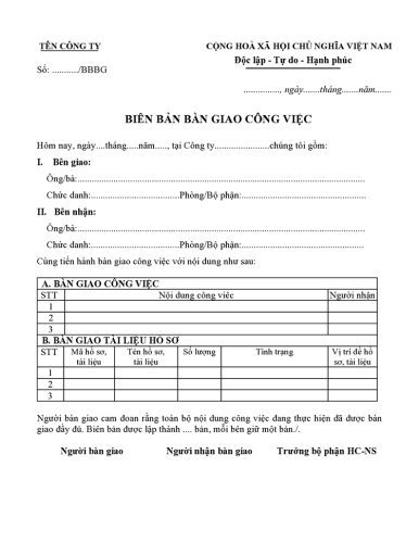 Mẫu biên bản bàn giao công việc và tài liệu hồ sơ