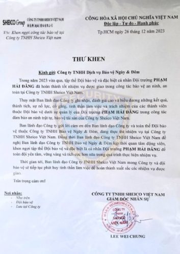 thư khen ngợi bảo vệ